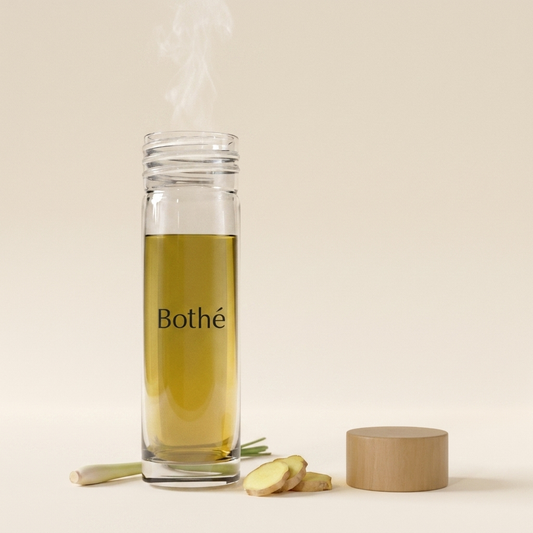 Bothé-Flasche mit Grüntee-Ingwer-Aufguss und Scheiben von frischem Ingwer