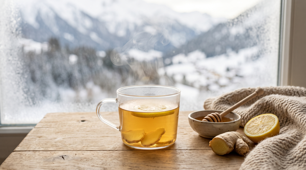 Dampfende Glastasse Ingwer-Zitronen-Tee vor einem Fenster mit Blick auf verschneite Berge, mit Ingwerwurzel, Zitrone und Honig