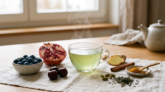 Dampfende Tasse Grüntee, umgeben von Heidelbeeren, einem aufgeschnittenen Granatapfel, Kirschen, Ingwer, Zimt, Kurkuma und Kardamom auf einem cremefarbenen Leinentuch