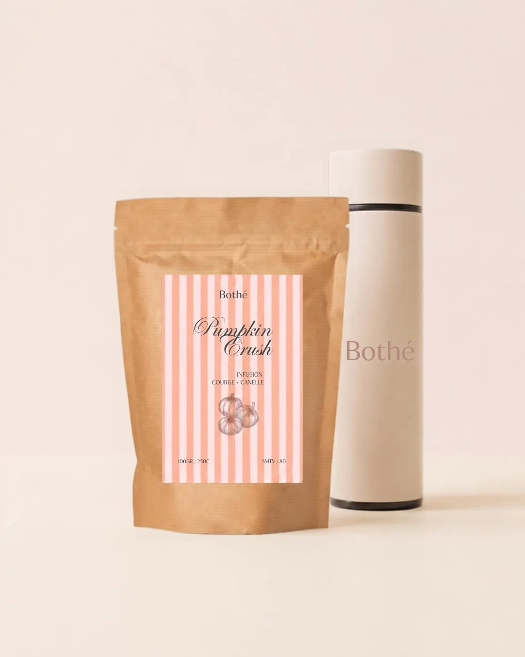 Infusion PUMPKIN CRUSH à côté du thermos Bothé beige