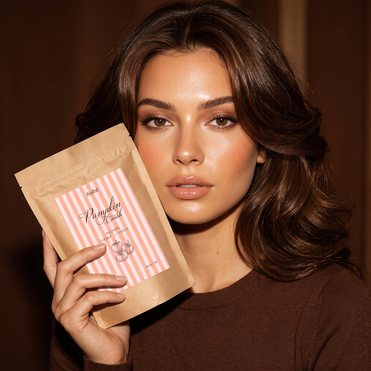 Femme tenant le sachet PUMPKIN CRUSH, édition limitée d'automne Bothé
