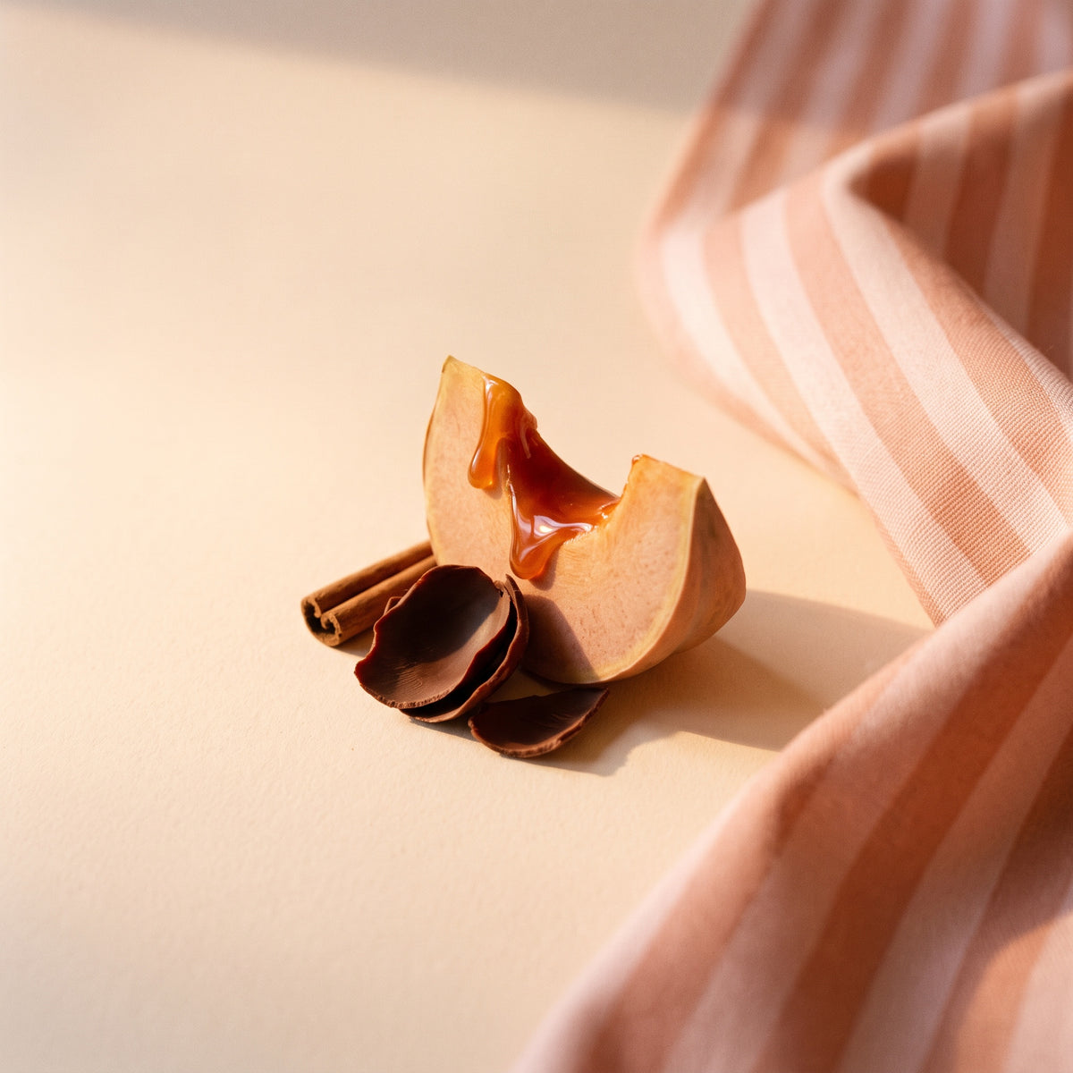 Ambiance d'automne : courge caramélisée, cannelle et cacao sur un linge rayé pêche
