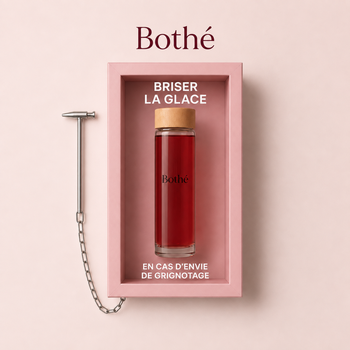 Kräutertee „FITNESS-TEE“ – Flasche in einer rosa Notfallbox mit Hammer